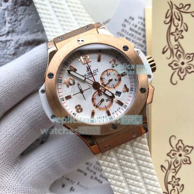 Copy Hublot Geneve Big Bang Rose Gold White Chronograph Face Rubber Strap